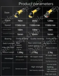Industrial 850W rear switch metal cutting and grinding